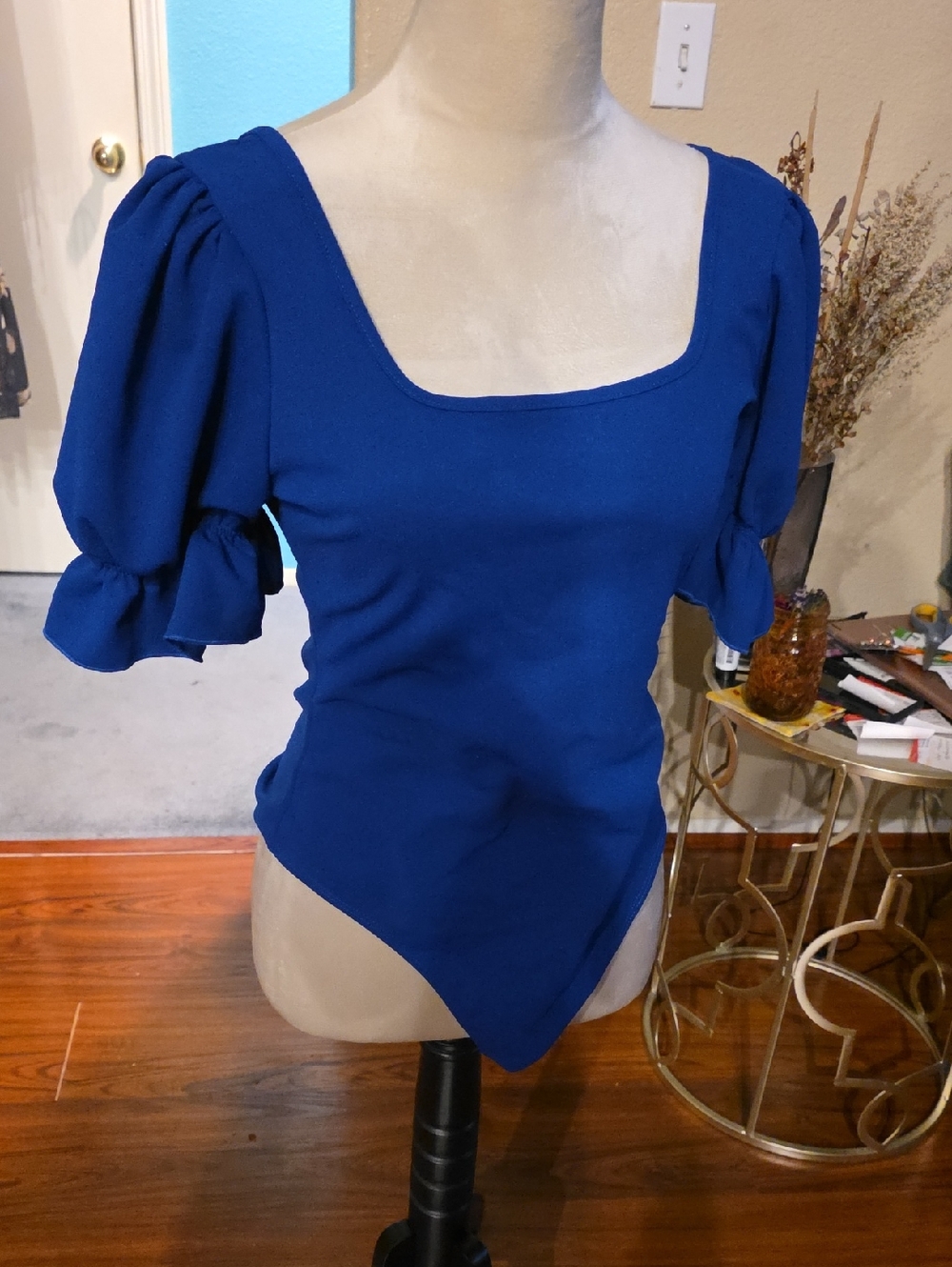 Square Neck Puff Sleeve Bodysuit in Royal Blue